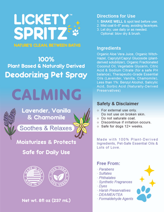 Lavender, Vanilla & Chamomile — Calming Pet Deodorizing Spray 8 Ounces