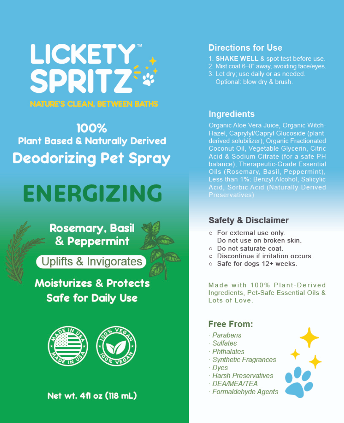 Rosemary, Basil & Peppermint — Energizing Pet Deodorizing Spray 4 Ounces
