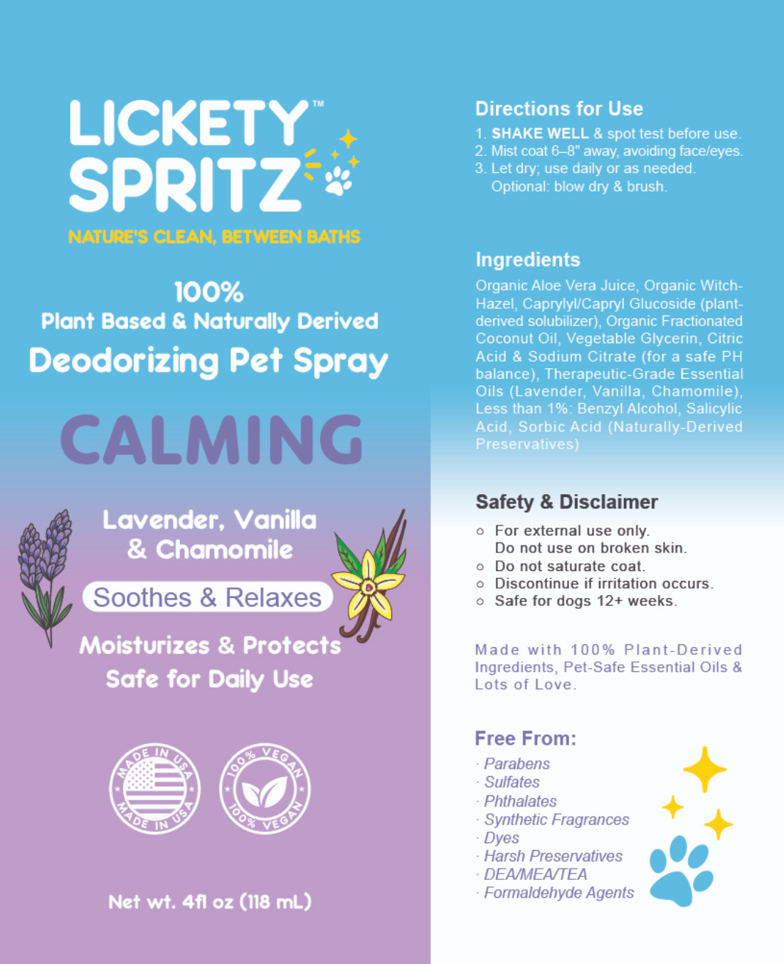 Lavender, Vanilla & Chamomile — Calming Pet Deodorizing Spray 4 Ounces
