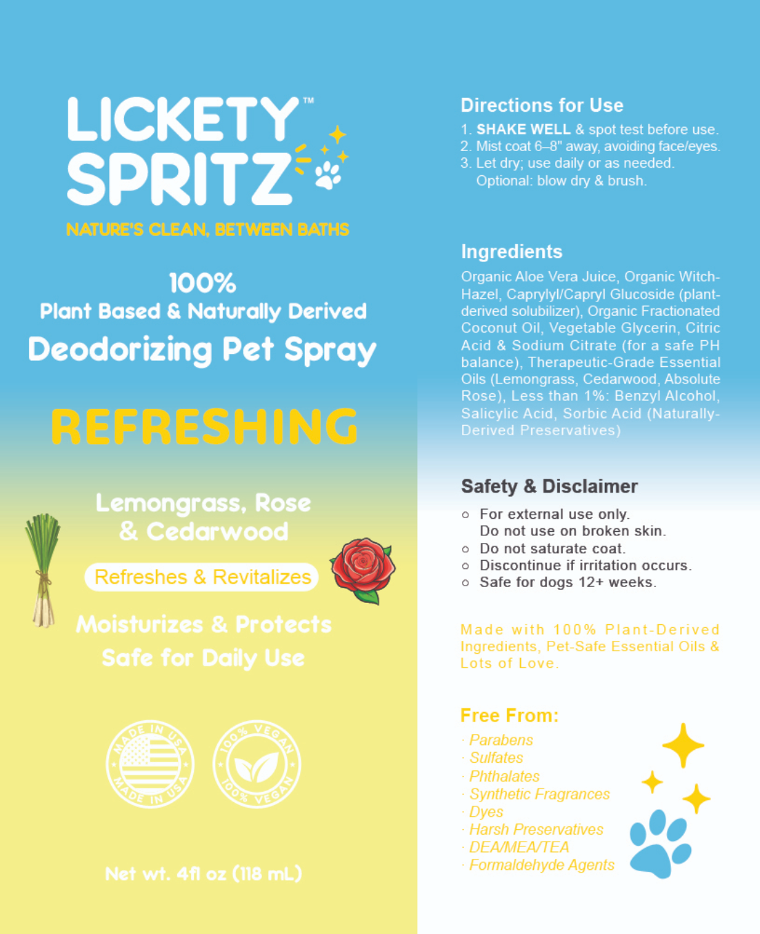 Lemongrass, Rose & Cedarwood — Refreshing Pet Deodorizing Spray 4 Ounces