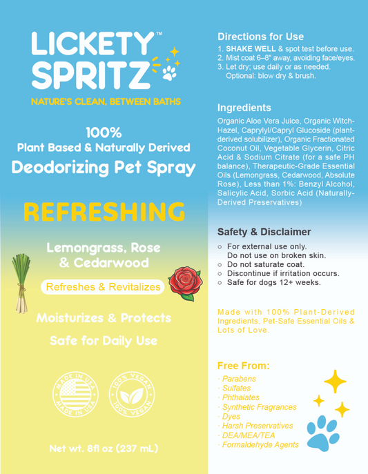 Lemongrass, Rose & Cedarwood — Refreshing Pet Deodorizing Spray 8 Ounces